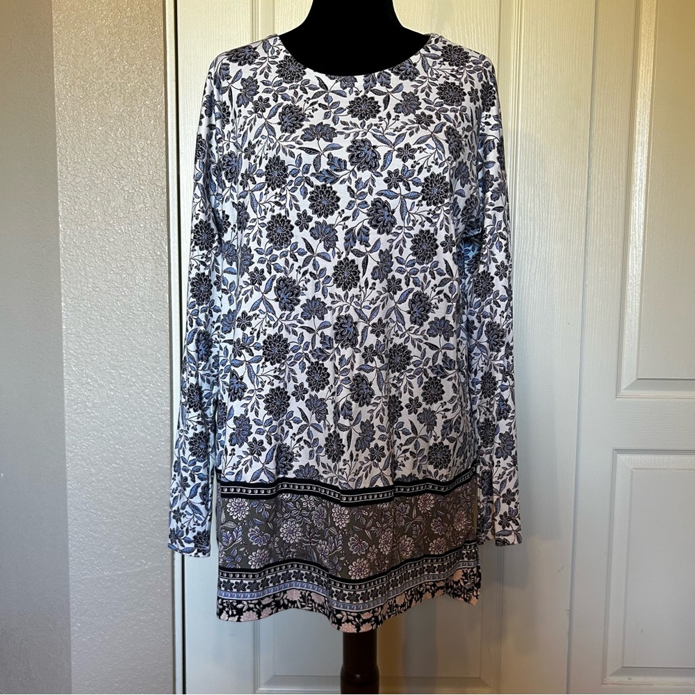 J. Jill‎ Floral Simply Supima Cotton Long Sleeve Tunic Blouse Size Large